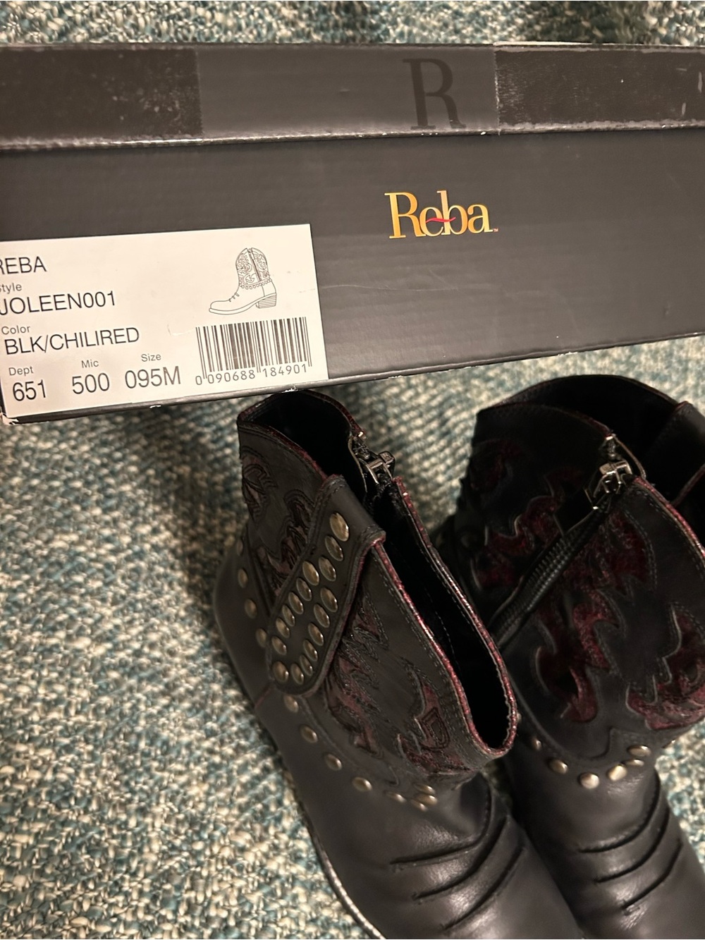 Reba Black Leather Studded Western Booties with Burgundy Stitching - Picture 2 of 7